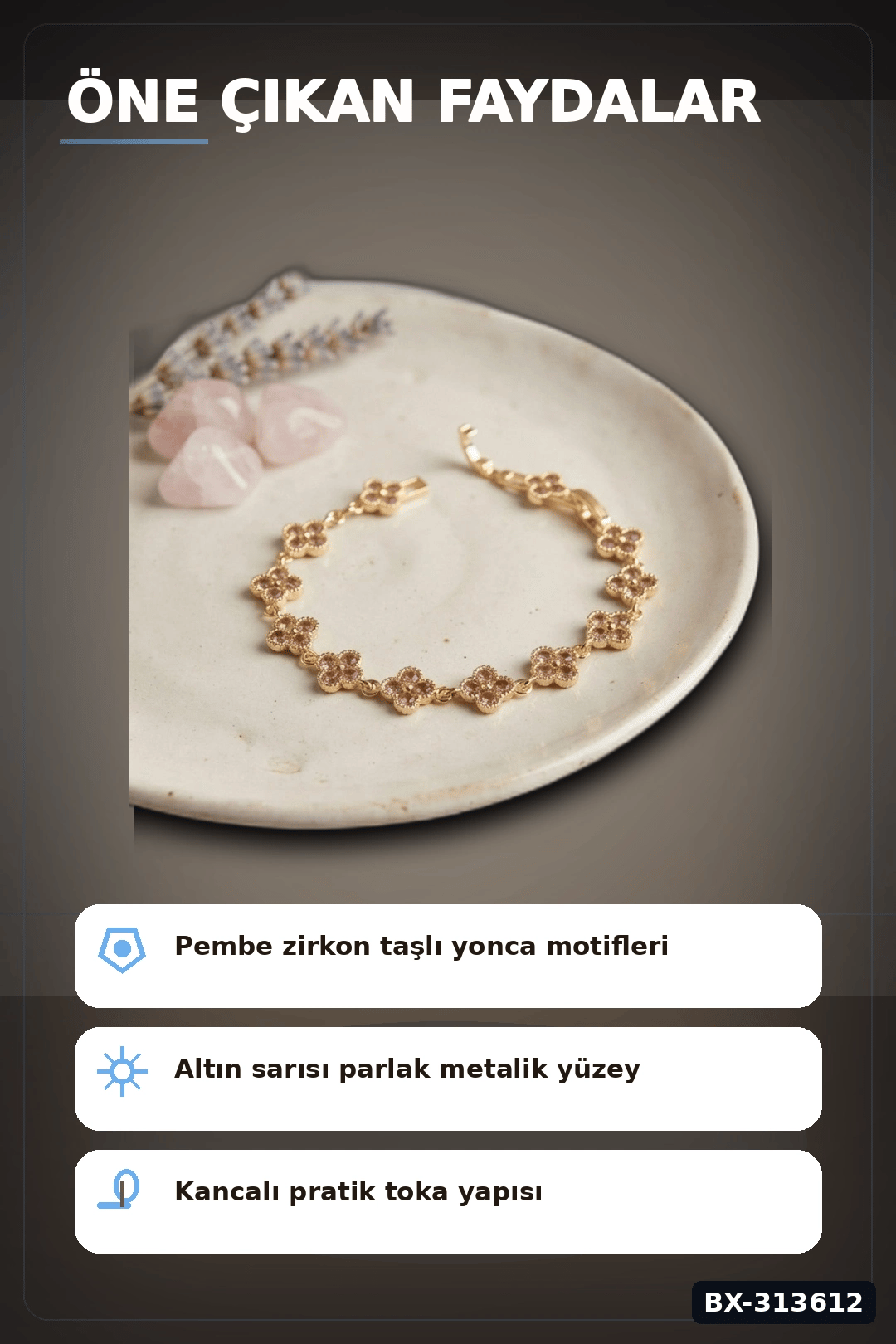 Pirinç Yonca Desenli Zirkon Taşlı Kadın Bileklik - Tekli Paket, Rengi Zarif Aksesuar BX-313612