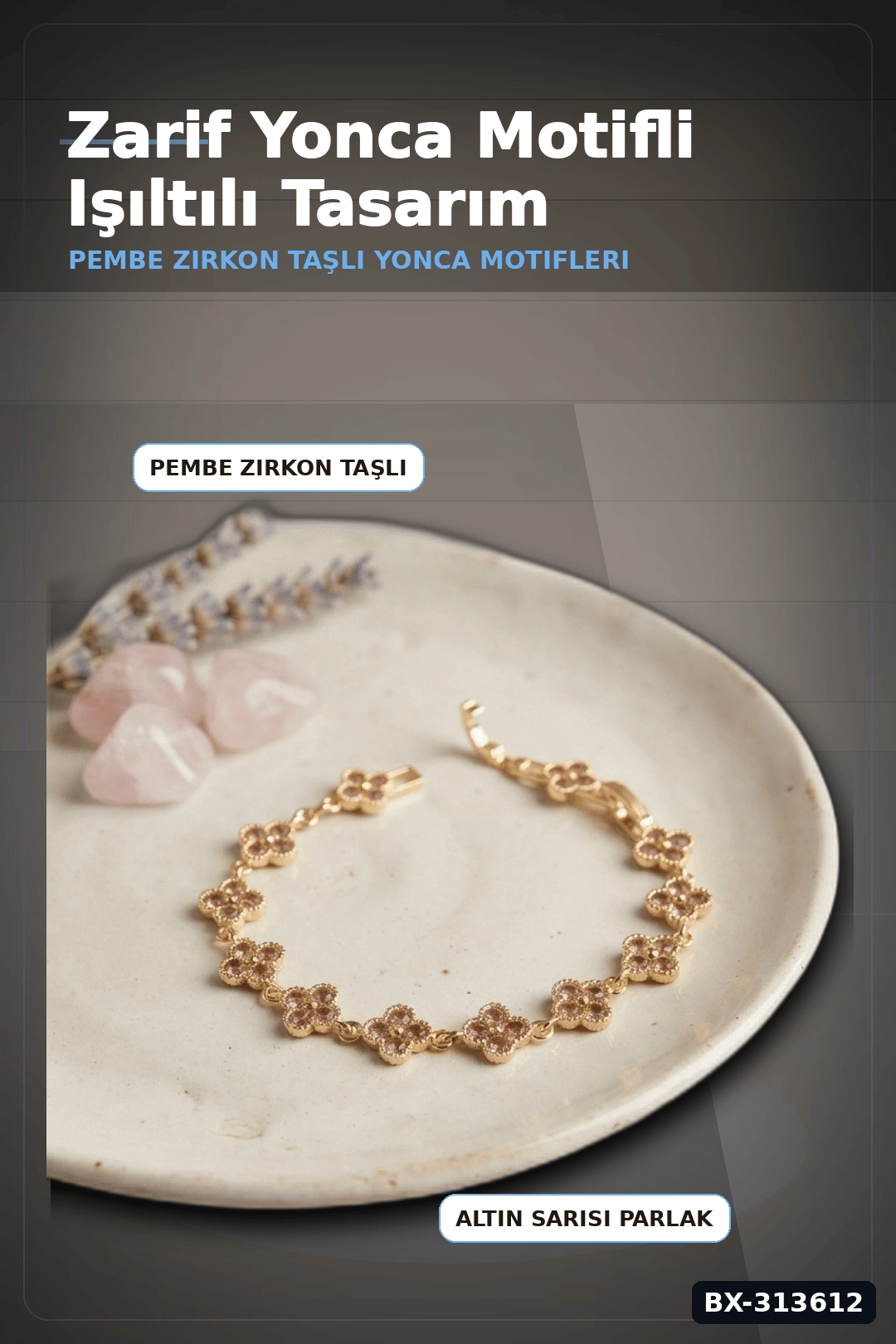 Pirinç Yonca Desenli Zirkon Taşlı Kadın Bileklik - Tekli Paket, Rengi Zarif Aksesuar BX-313612