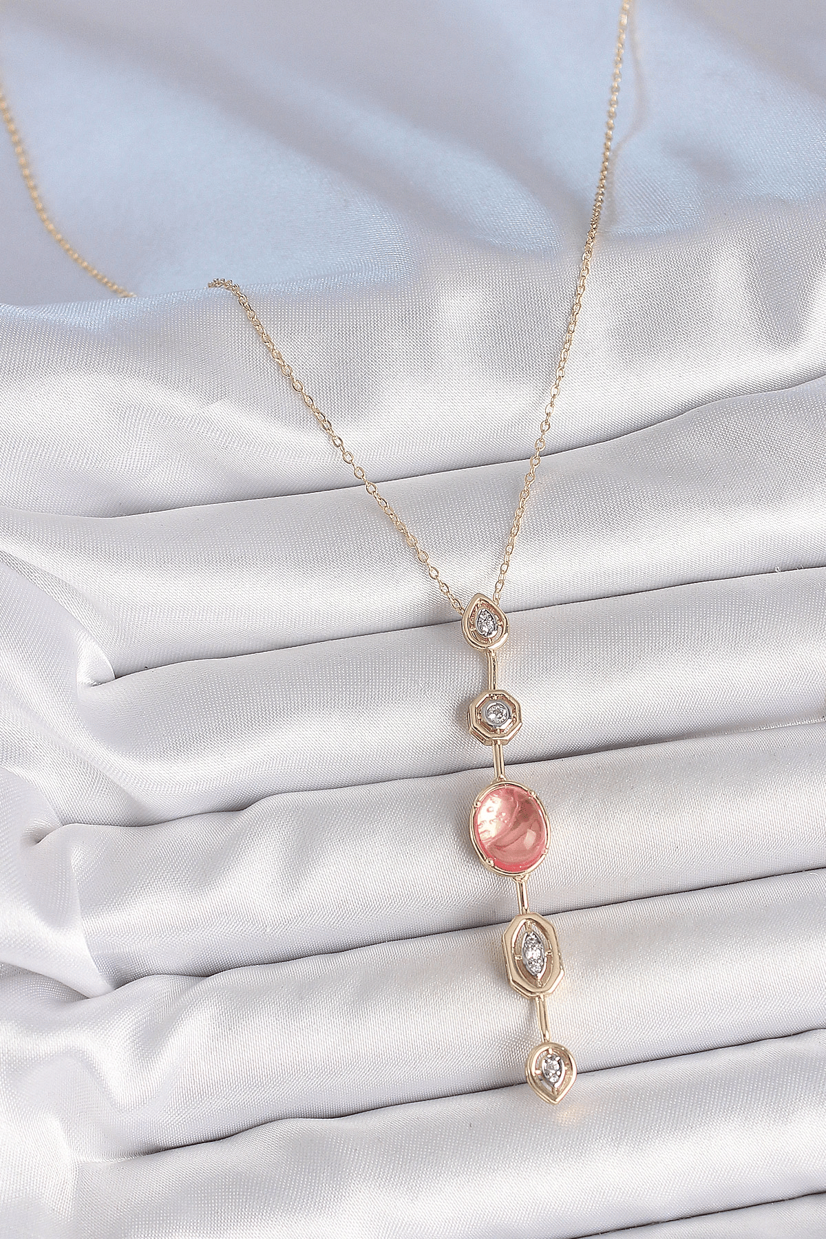 Pirinç Zincir Pembe Gold Renk Zirkon Taşlı Y Kolye