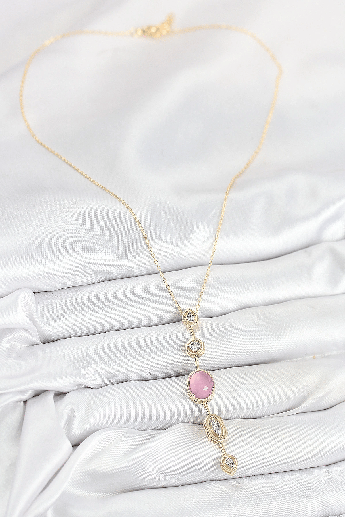 Pirinç Zincir Pembe Gold Renk Zirkon Taşlı Y Kolye