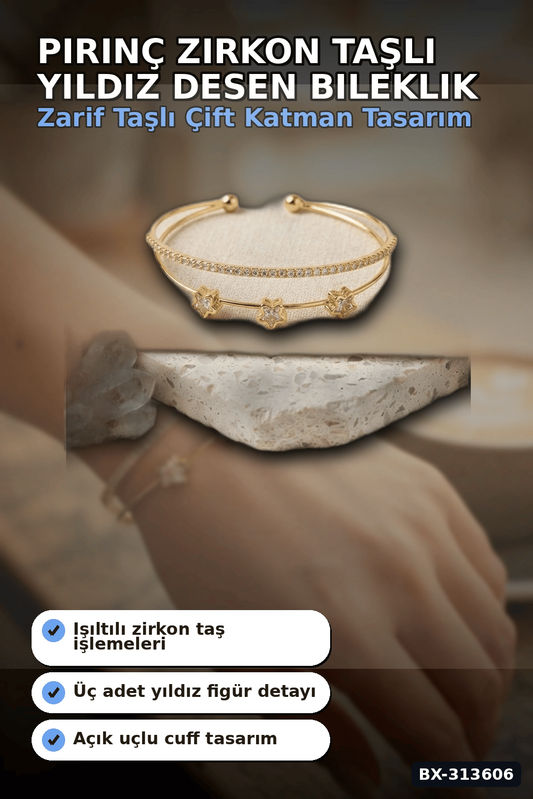 Pirinç Zirkon Taşlı Yıldız Desen Gold Renk Bileklik - 1 Adet Bayan Takı BX-313606