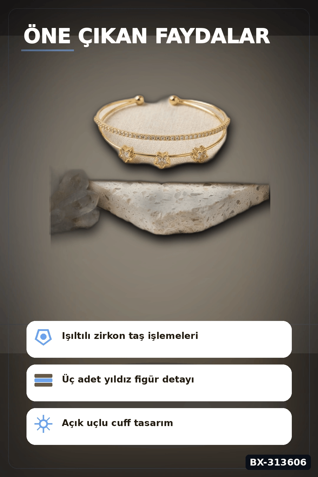 Pirinç Zirkon Taşlı Yıldız Desen Gold Renk Bileklik - 1 Adet Bayan Takı BX-313606