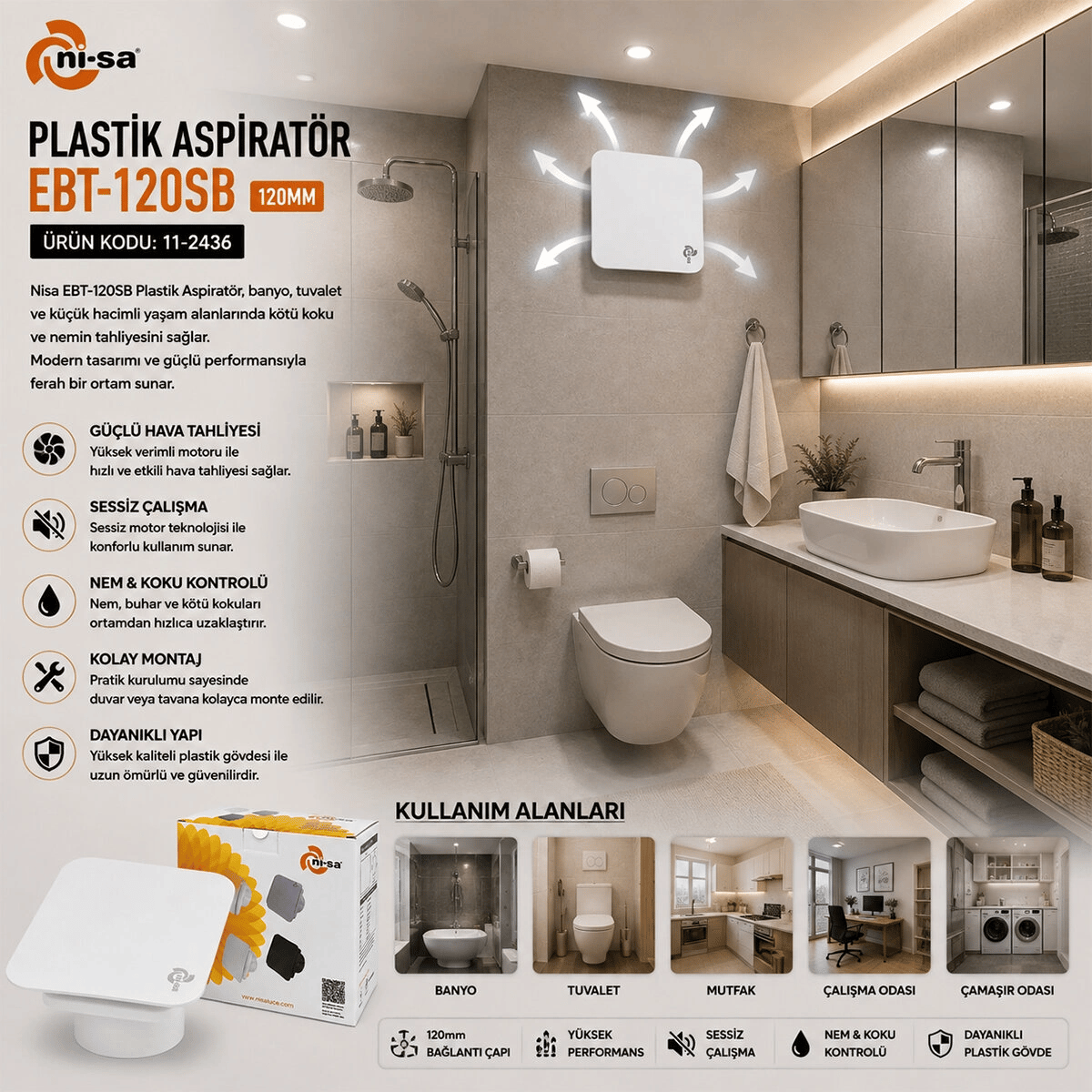 Plastik Aspiratör 120 Beyaz Banyo Tuvalet Havalandırma Aspiratörü 16w 1900rpm 80m3/h Ebt-120sb Bx40