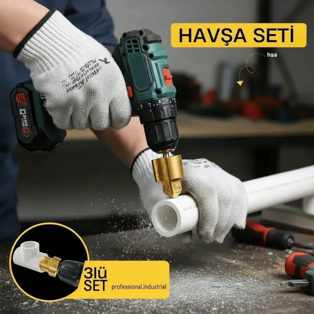 Plastik Boru Kalemtraş Kademeli Boru Açma Pvc Pprc Boru Tamir Delme Genişletme Onarımı İçin 3lü Havşa Seti