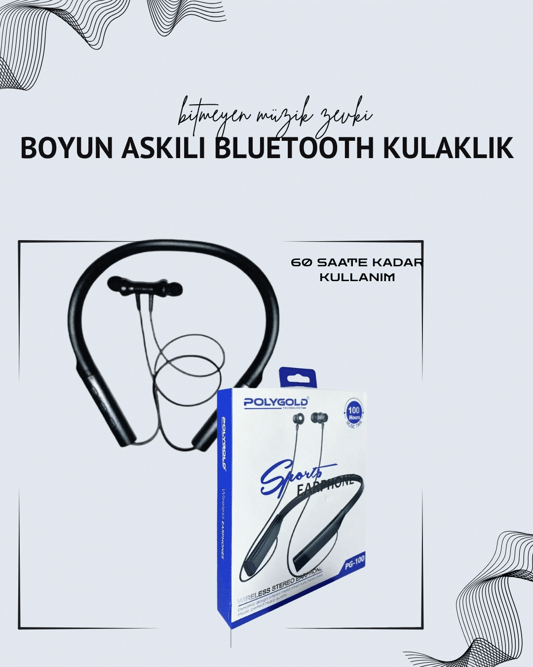 Polygold PG-100 Boyun Askılı Kablosuz Kulaklık – 200 Saat Bekleme Süresi, Stereo Ses, Mikrofonlu
