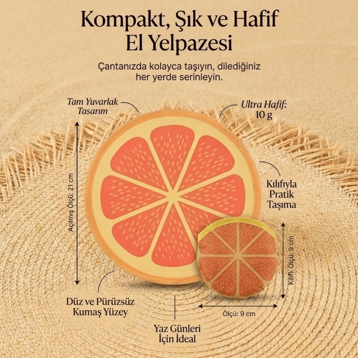Portakal Dilimi Desenli Katlanabilir Cep Yelpazesi - Kılıflı Yuvarlak Kumaş El Yelpazesi Bx40