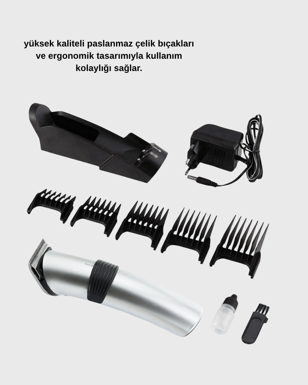 Profesyonel Şarjlı Saç ve Sakal Kesme Makinesi – Paslanmaz Çelik Bıçaklı, Ergonomik ve Sessiz Motorlu
