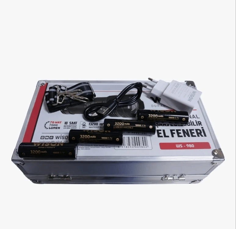 Profesyonel Zoomlu El Feneri | 60w – 7000 Lümen – 13.200 Mah – Type‑c – Metal Gövde Bx40