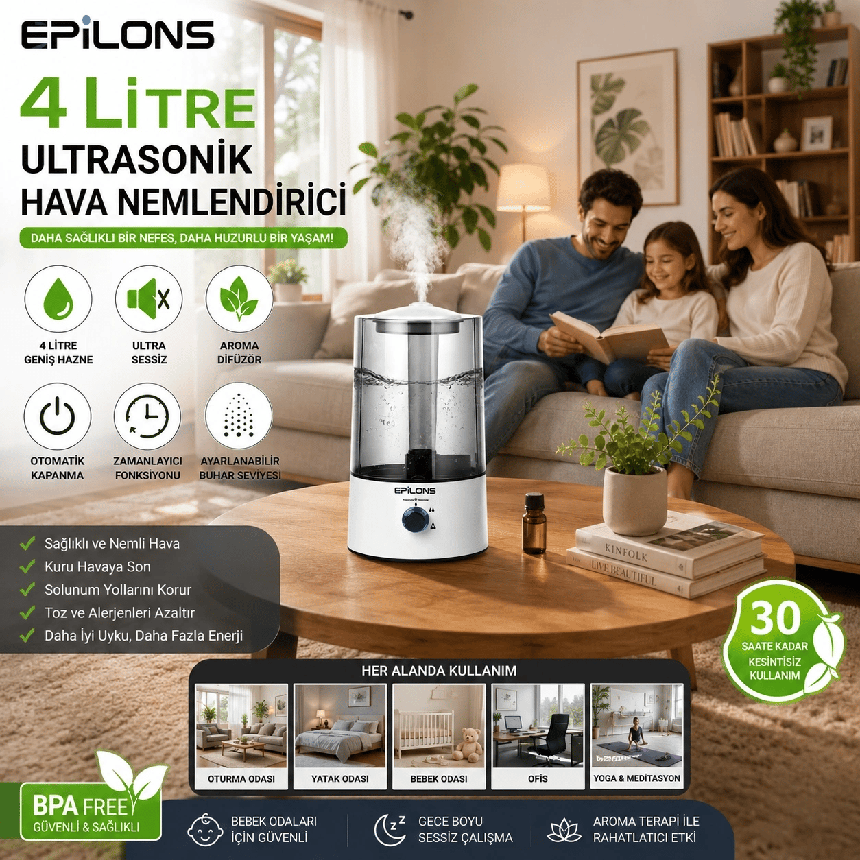 RBH-04 Ultrasonik Hava Nemlendirici 4 Litre Buhar Makinesi Aroma Difüzörü - Otomatik Kapanma