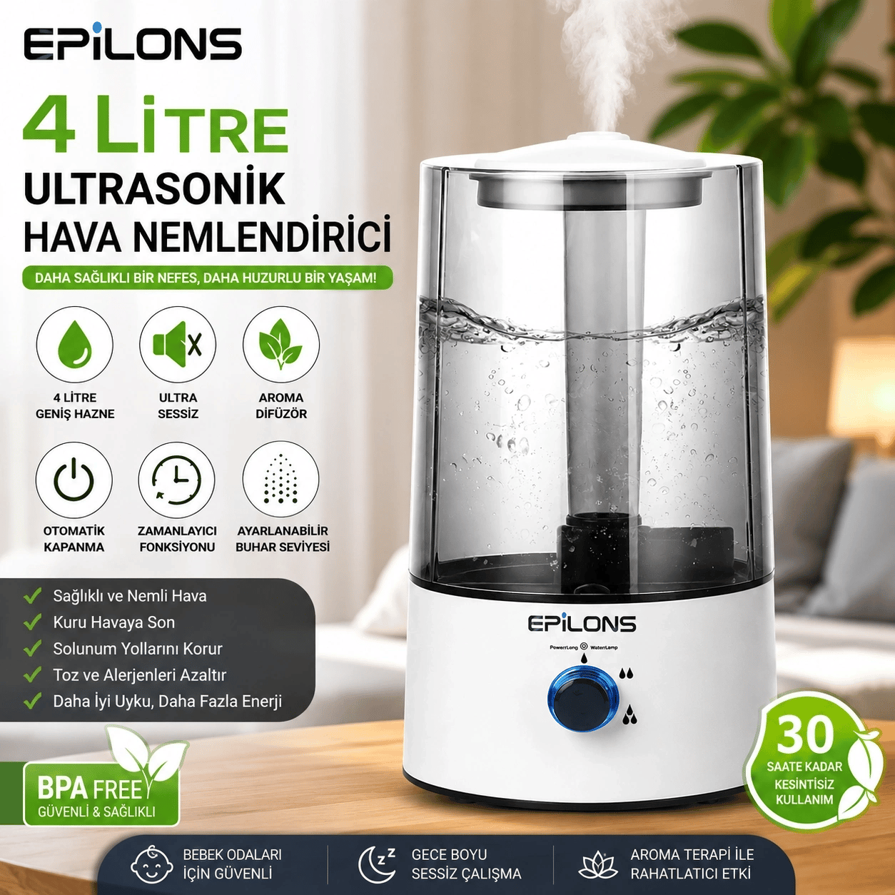 RBH-04 Ultrasonik Hava Nemlendirici 4 Litre Buhar Makinesi Aroma Difüzörü - Otomatik Kapanma