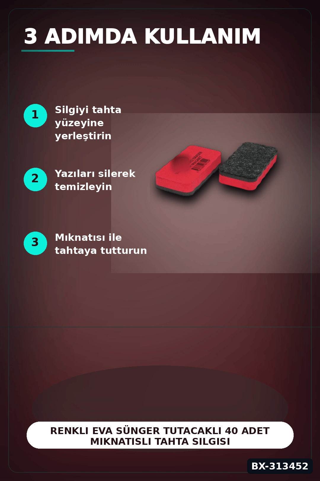Renkli Eva Sünger Tutacaklı 40 Adet Mıknatıslı Tahta Silgisi - Sınıf Kullanımına Uygun BX-313452
