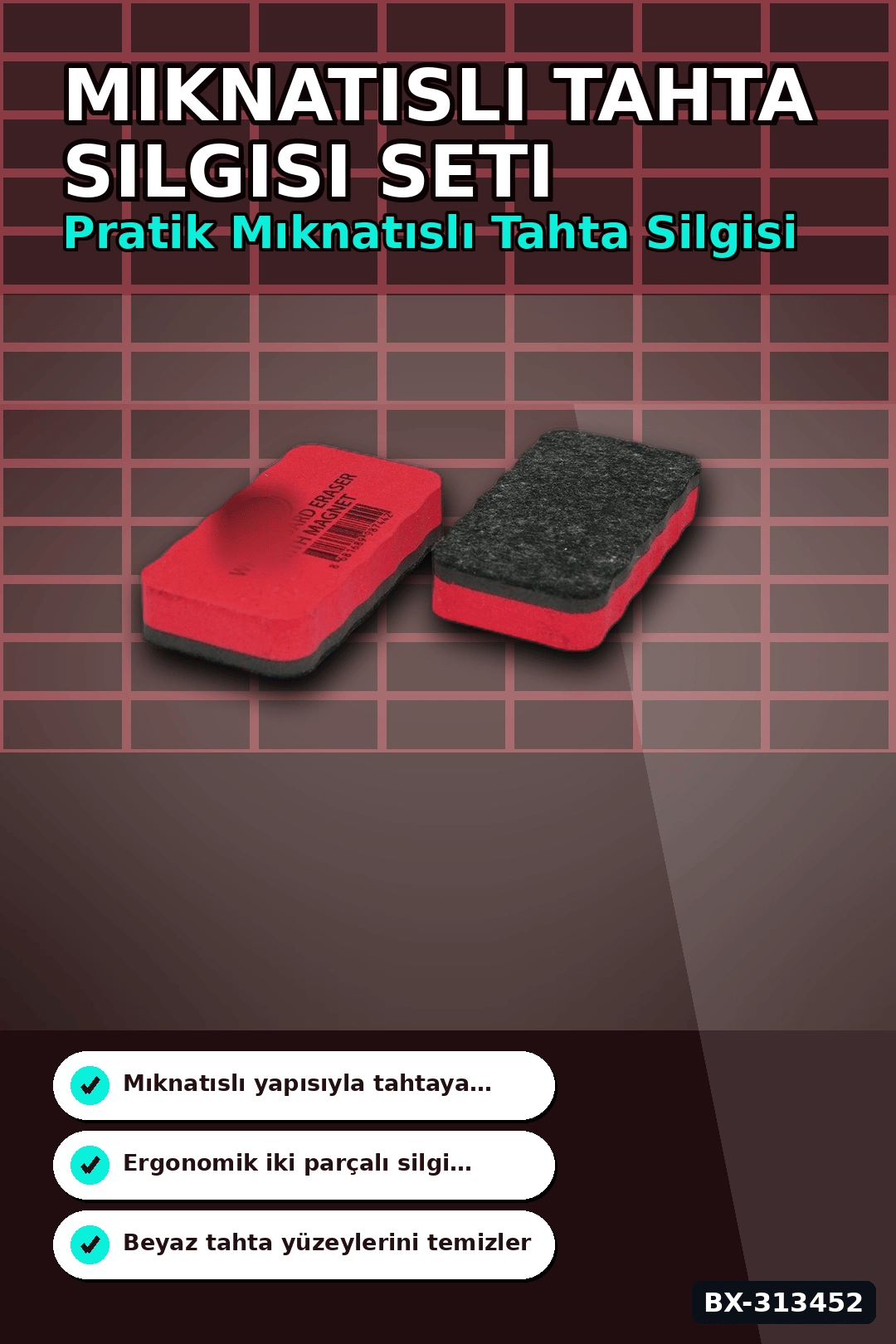 Renkli Eva Sünger Tutacaklı 40 Adet Mıknatıslı Tahta Silgisi - Sınıf Kullanımına Uygun BX-313452