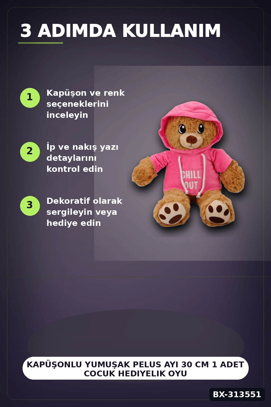 Renkli Kapüşonlu Sweatshirt Giyen 30 cm Peluş Ayı Oyuncak Hediyelik BX-313551