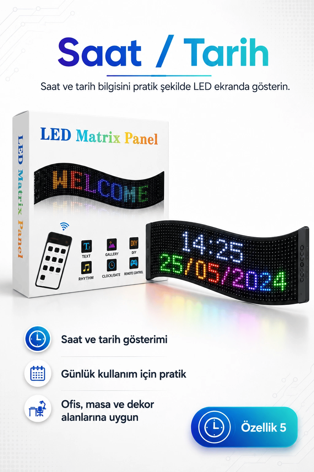 Renkli LED Kayan Yazı Paneli Uzaktan Kumandalı Metin Saat Ve Tarih Gösterimli