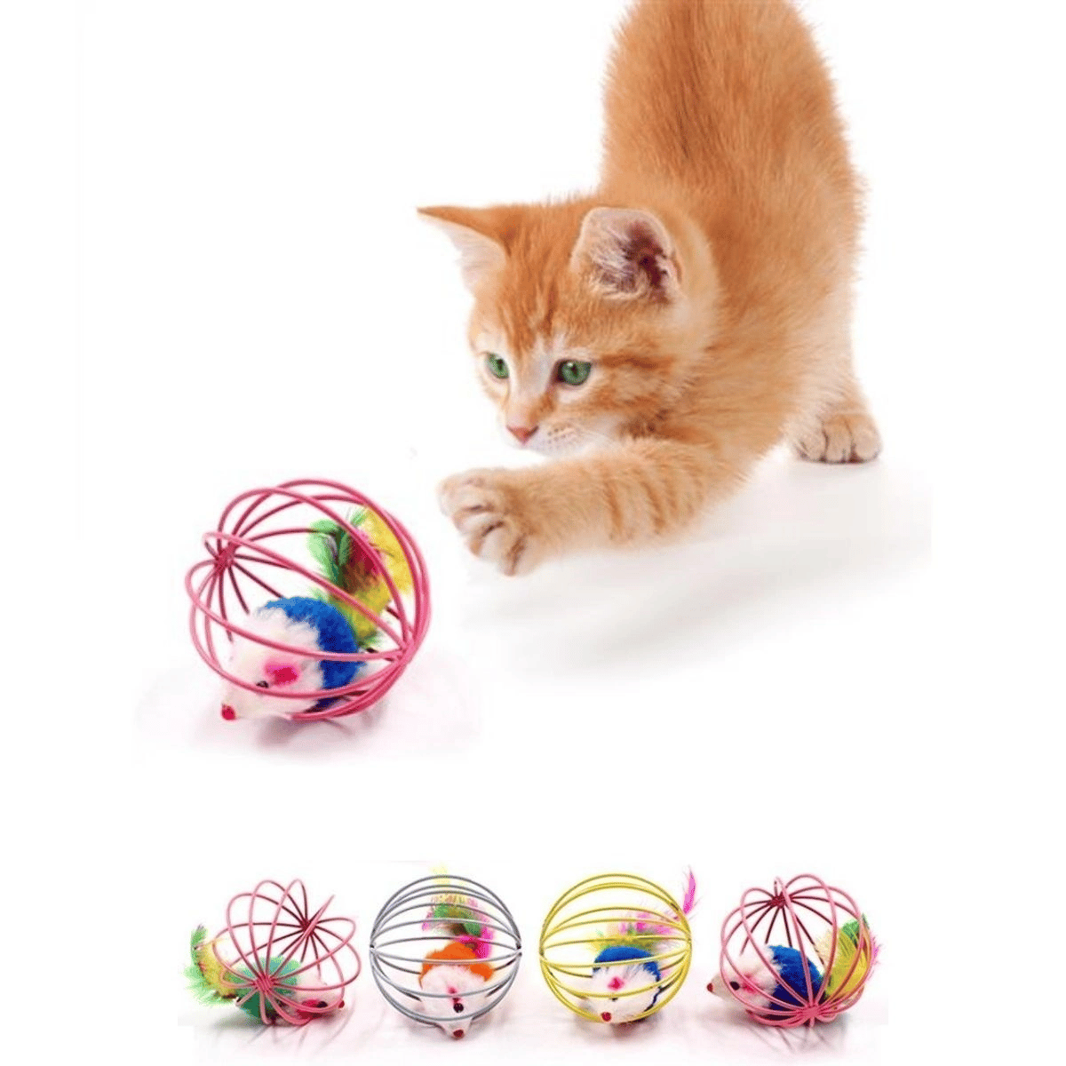 Renkli Metal Kafesli Peluş Fareli Kedi Köpek Oyuncağı Oyun Topu 6 Cm Bx40