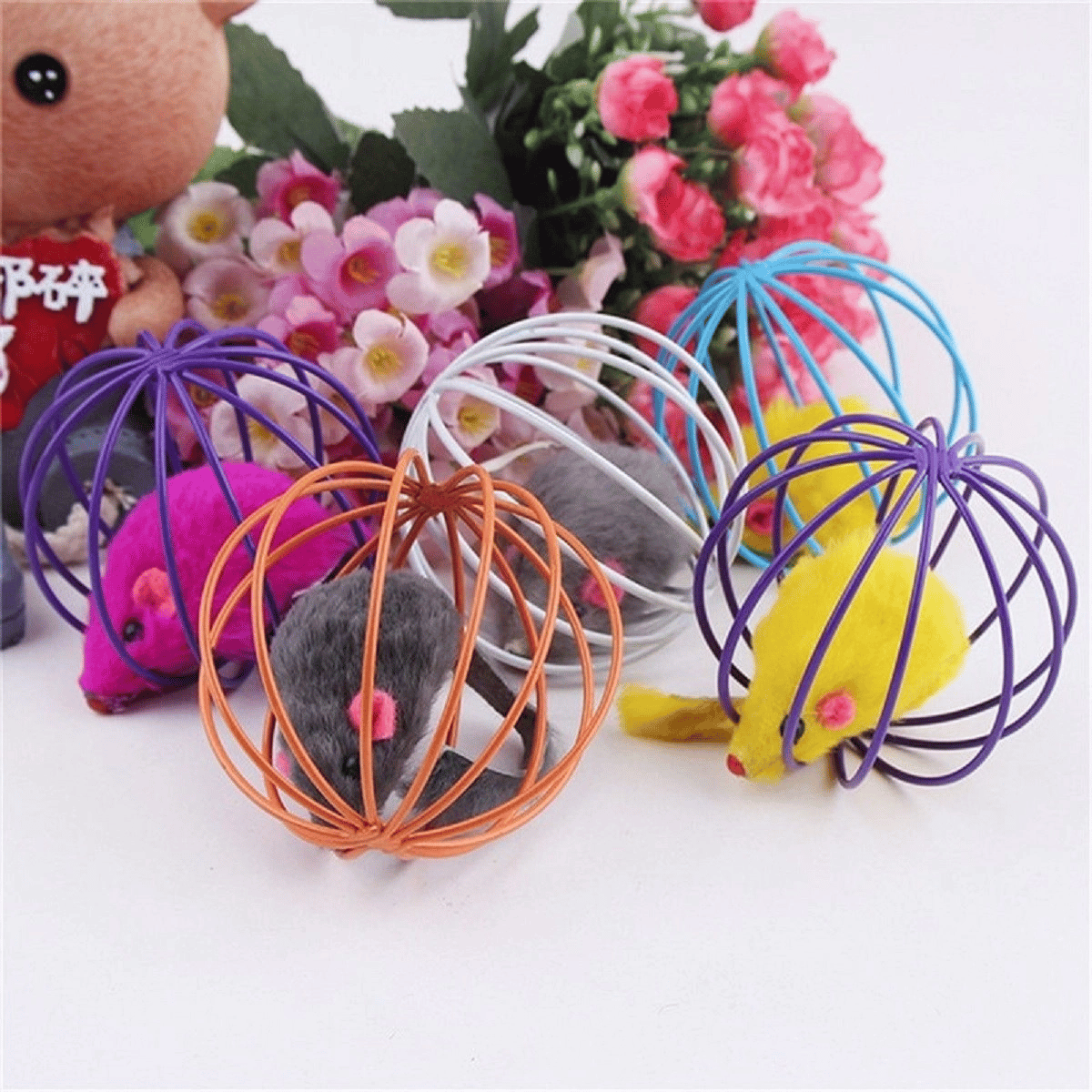 Renkli Metal Kafesli Peluş Fareli Kedi Köpek Oyuncağı Oyun Topu 6 Cm Bx40