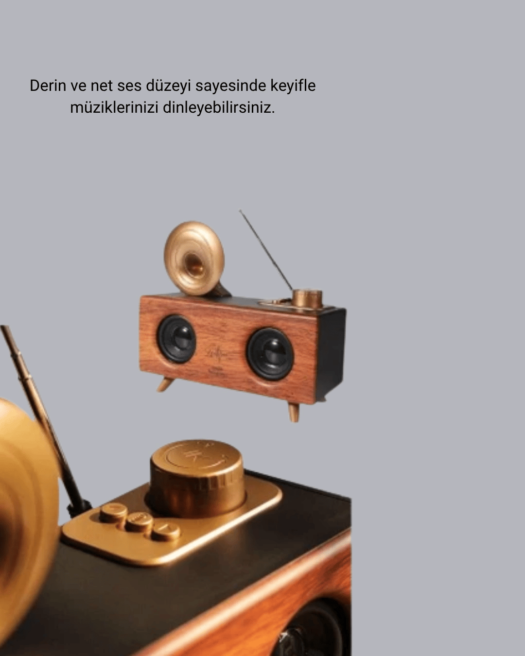 Retro Gramafon Bluetooth Hoparlör Çift Stereo Sesli FM Radyo Destekli