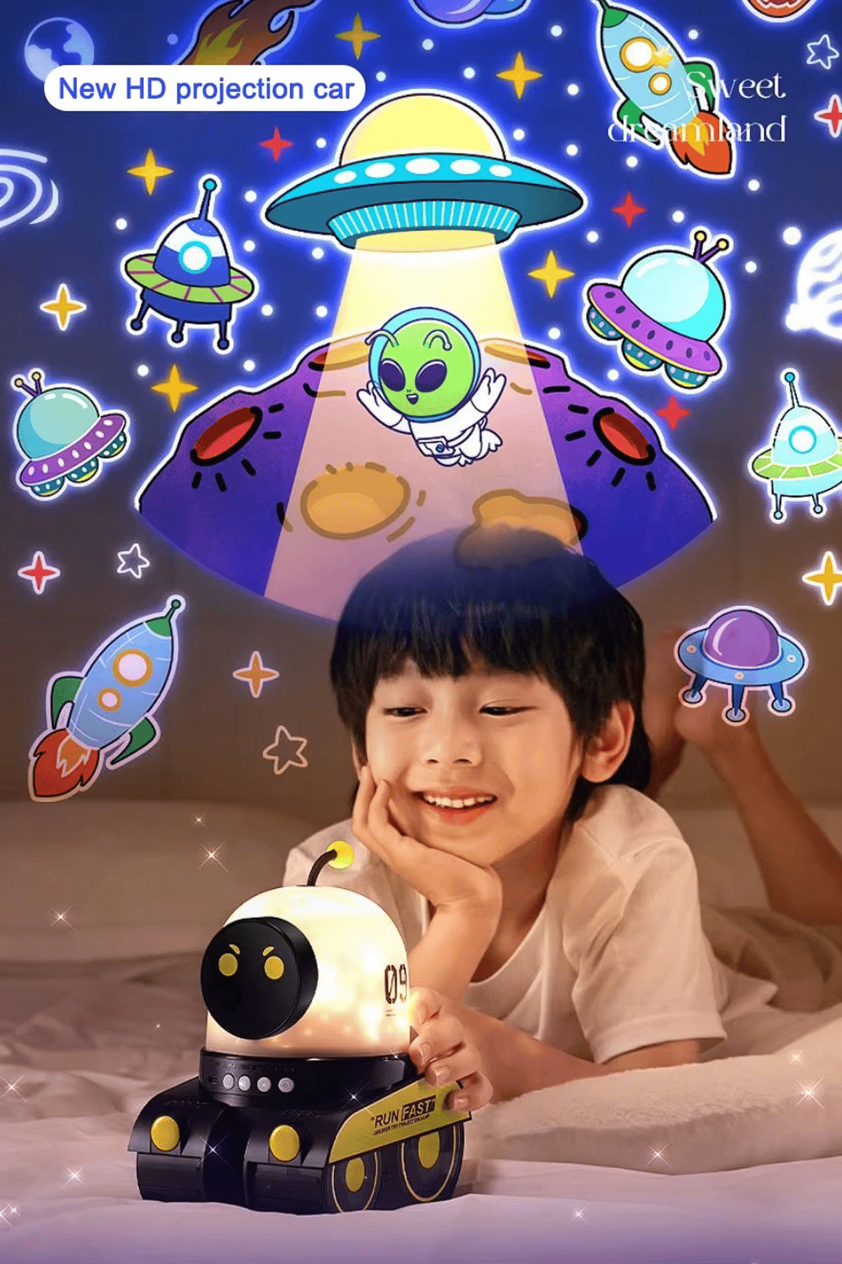 Robot Projeksiyon Gece Lambası Hoparlörlü Şarjlı Yıldızlı Gökyüzü Temalı LED Projeksiyon Lambası