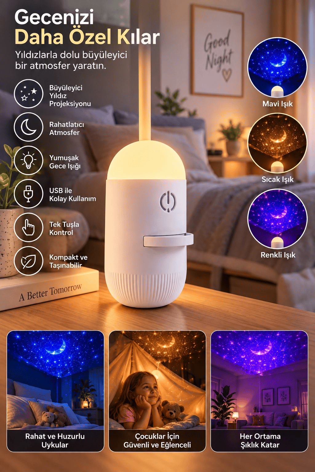 Romantik Atmosfer İçin Ay Yıldız Projeksiyonlu Gece Lambası