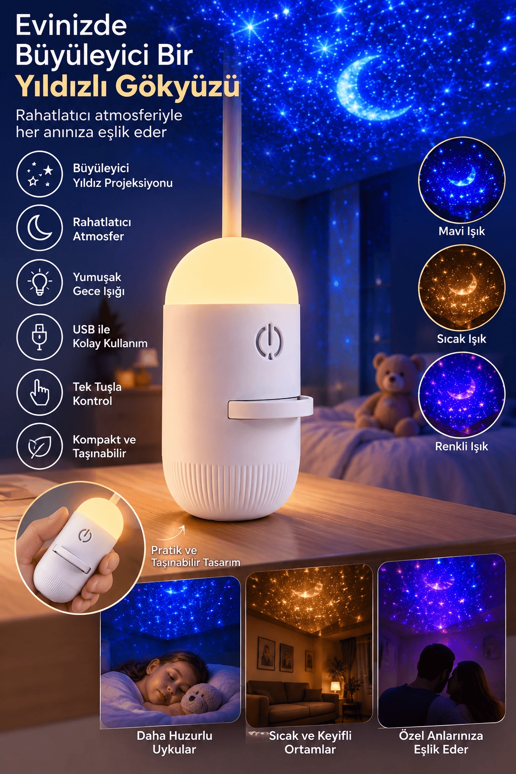 Romantik Atmosfer İçin Ay Yıldız Projeksiyonlu Gece Lambası