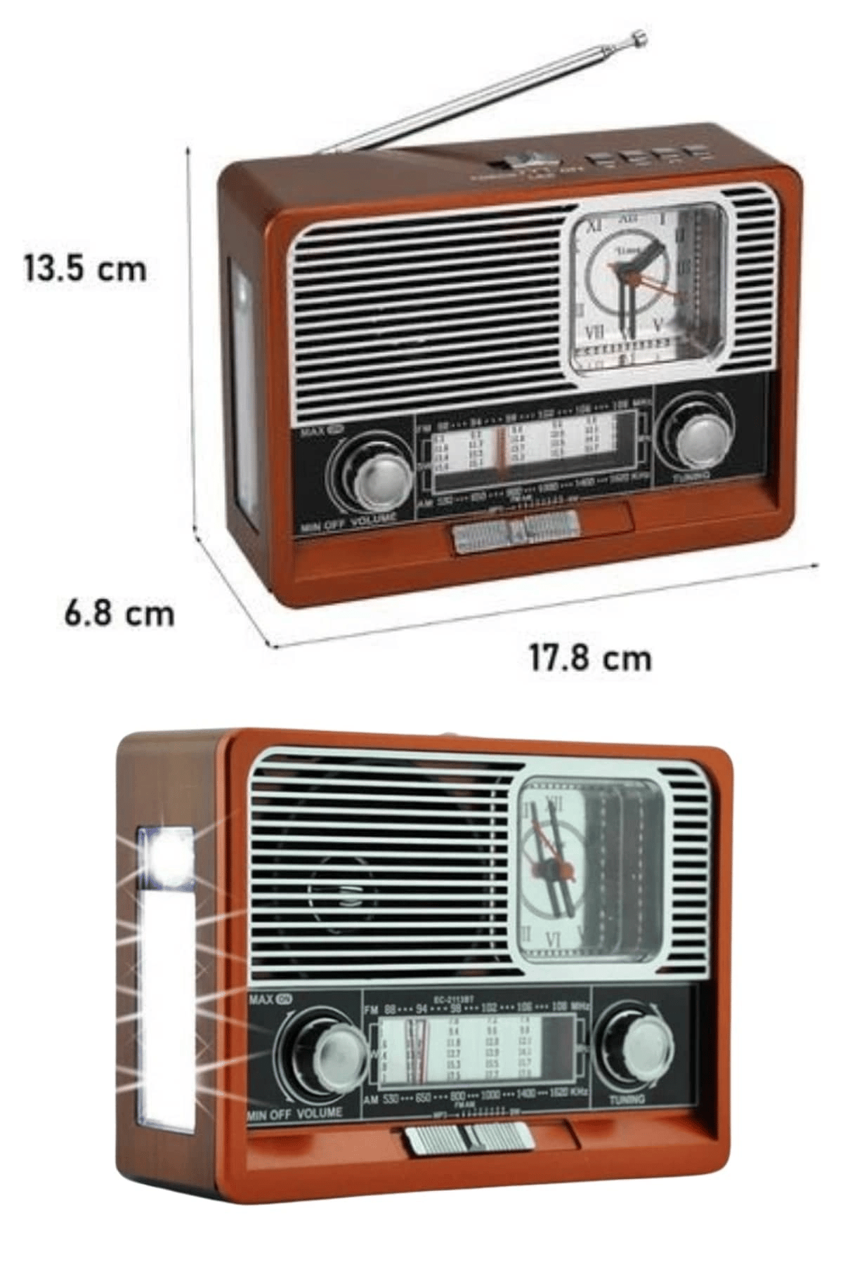 Saatli Fenerli Bluetooth Nostaljik Radyo AUX SD USB Girişli Bluetooth Hoparlör