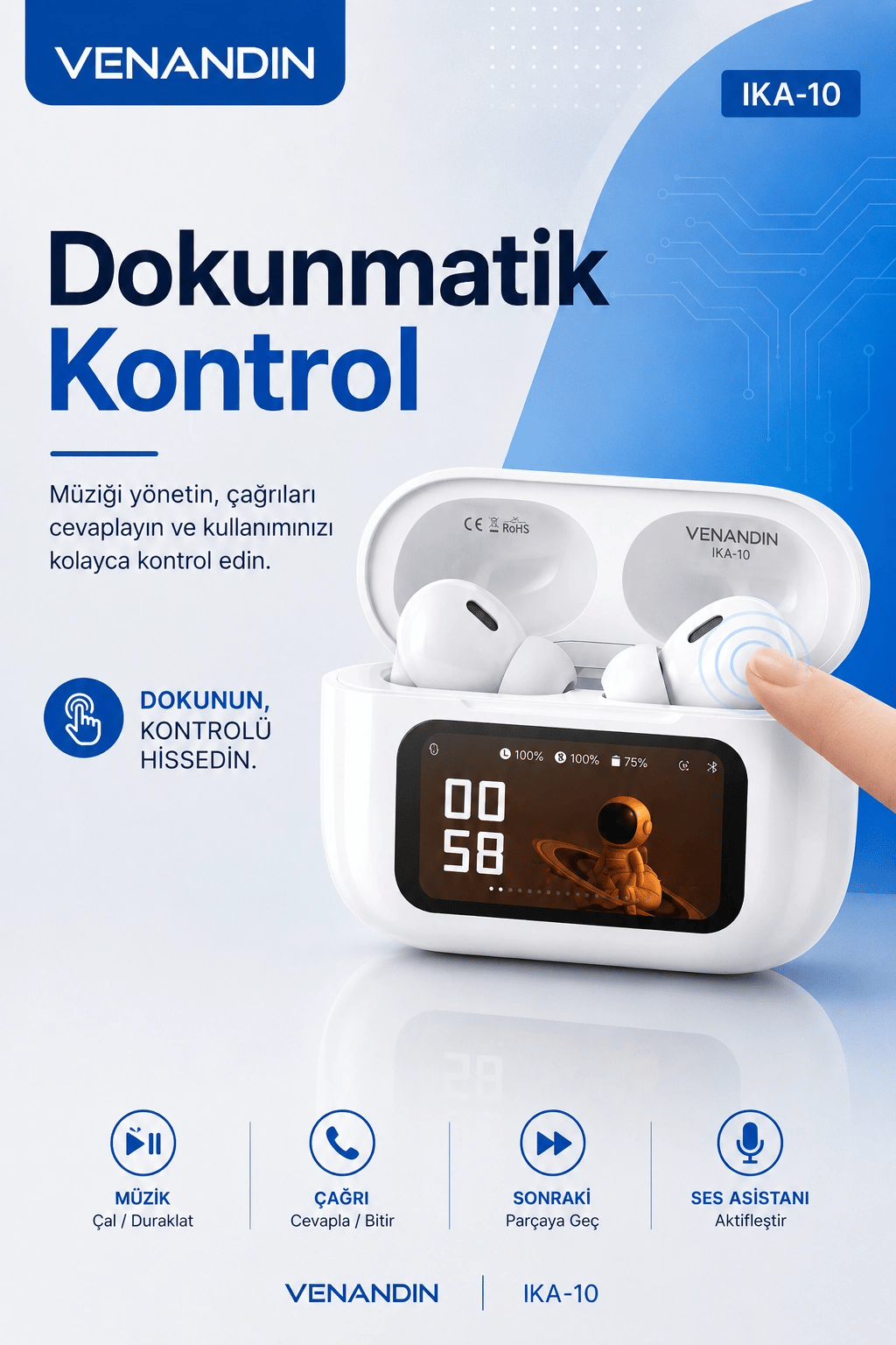 Şarj Durumu Göstergeli Kablosuz Kulak İçi Kulaklık Mikrofonlu Taşınabilir Set