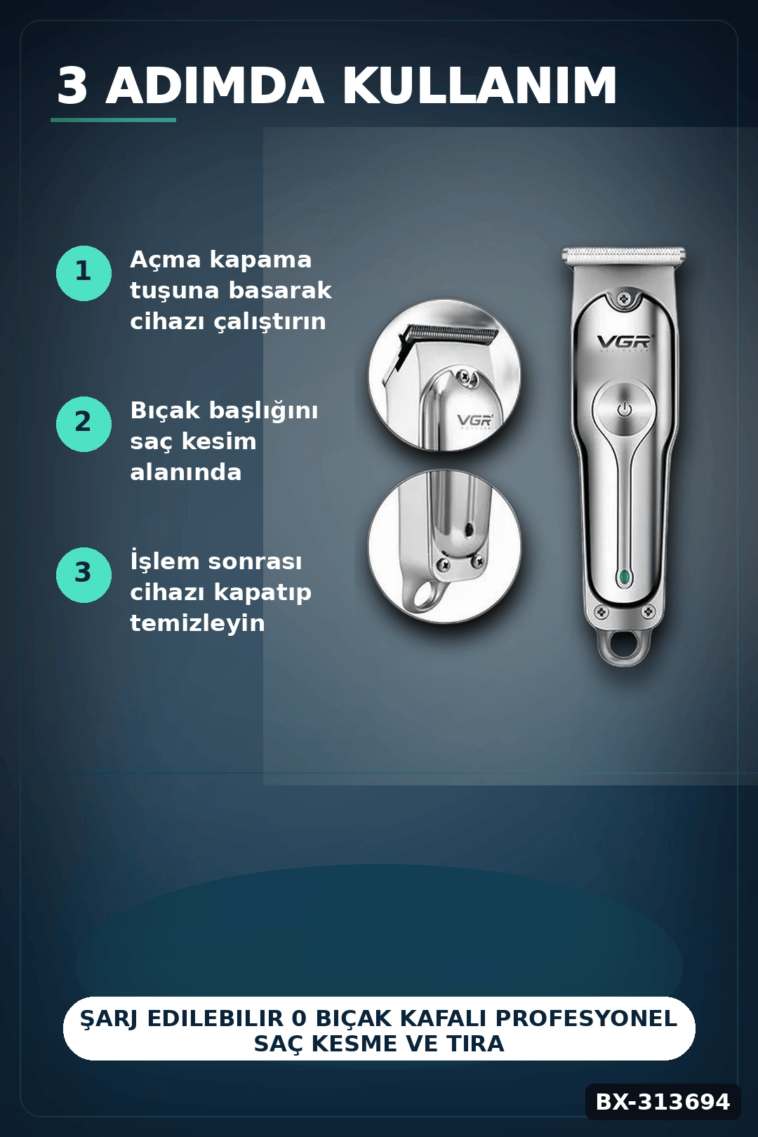 Şarj Edilebilir 0 Bıçak Kafalı Profesyonel Saç Kesme Ve Tıraş Makinesi BX-313694