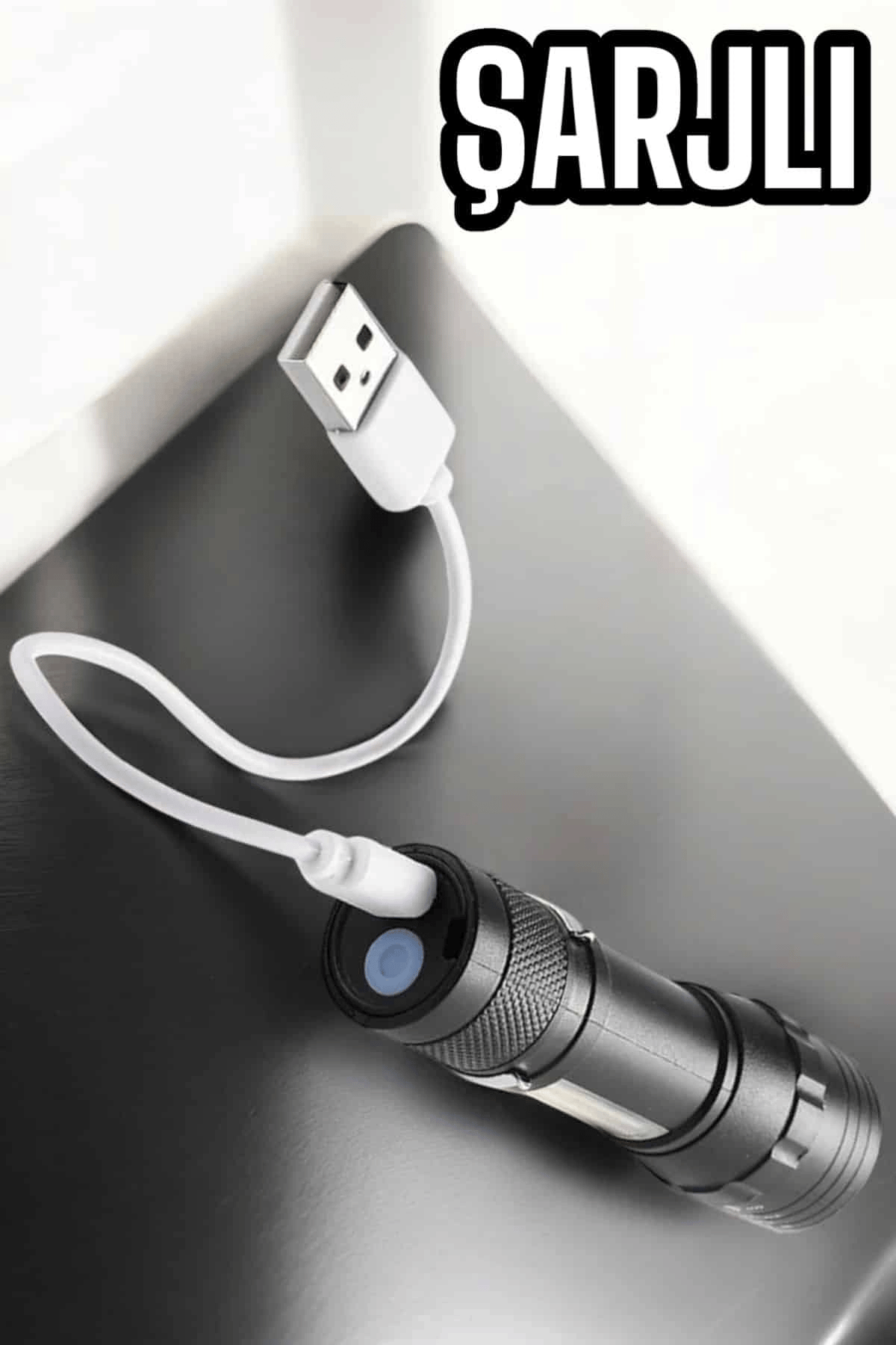 Şarjlı Metal Zoomlu El Feneri Işıldak Led Işık Taşınabilir El Lambası
