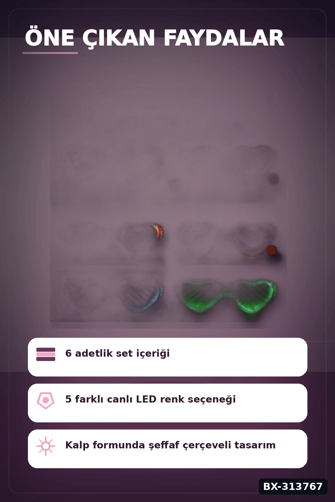 Şeffaf Çerçeveli Led Işıklı Kalp Glow Parti Gözlüğü - 6 Adet Set, Festival Hediyesi BX-313767