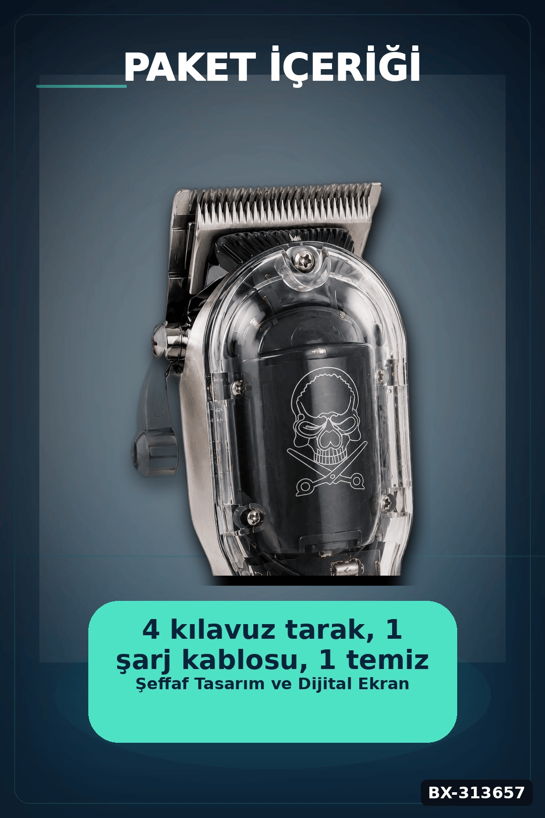 Şeffaf Gövdeli Saç Kesme Makinesi 4 Taraklı Ayarlanabilir Bıçak LCD Ekranlı Şarjlı BX-313657