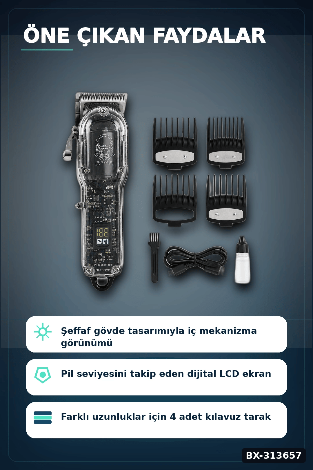 Şeffaf Gövdeli Saç Kesme Makinesi 4 Taraklı Ayarlanabilir Bıçak LCD Ekranlı Şarjlı BX-313657