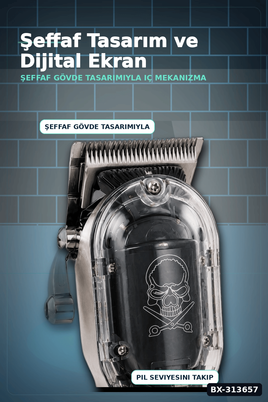 Şeffaf Gövdeli Saç Kesme Makinesi 4 Taraklı Ayarlanabilir Bıçak LCD Ekranlı Şarjlı BX-313657