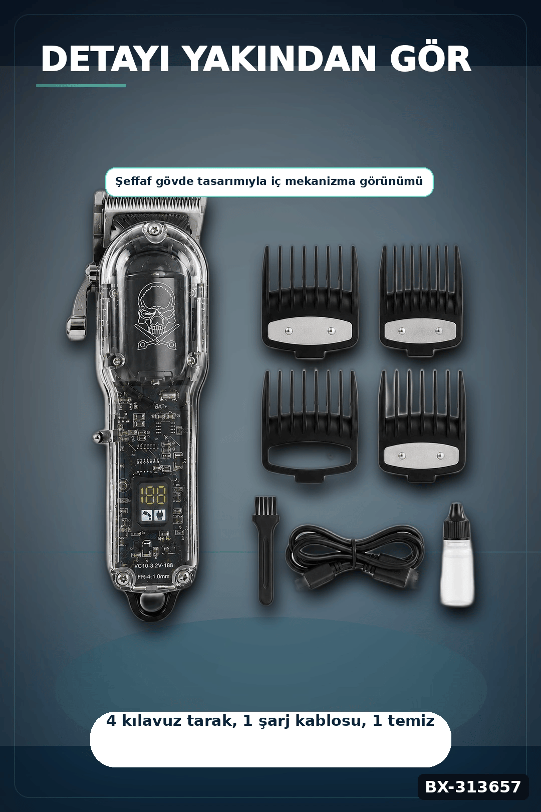 Şeffaf Gövdeli Saç Kesme Makinesi 4 Taraklı Ayarlanabilir Bıçak LCD Ekranlı Şarjlı BX-313657