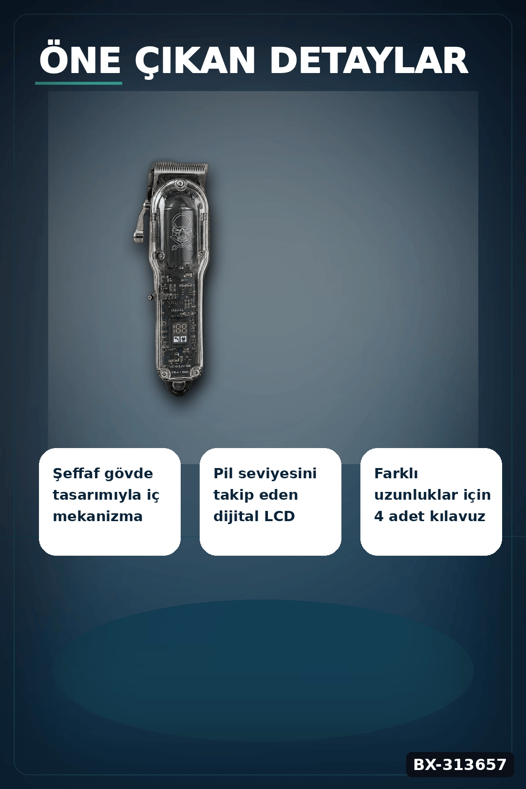 Şeffaf Gövdeli Saç Kesme Makinesi 4 Taraklı Ayarlanabilir Bıçak LCD Ekranlı Şarjlı BX-313657