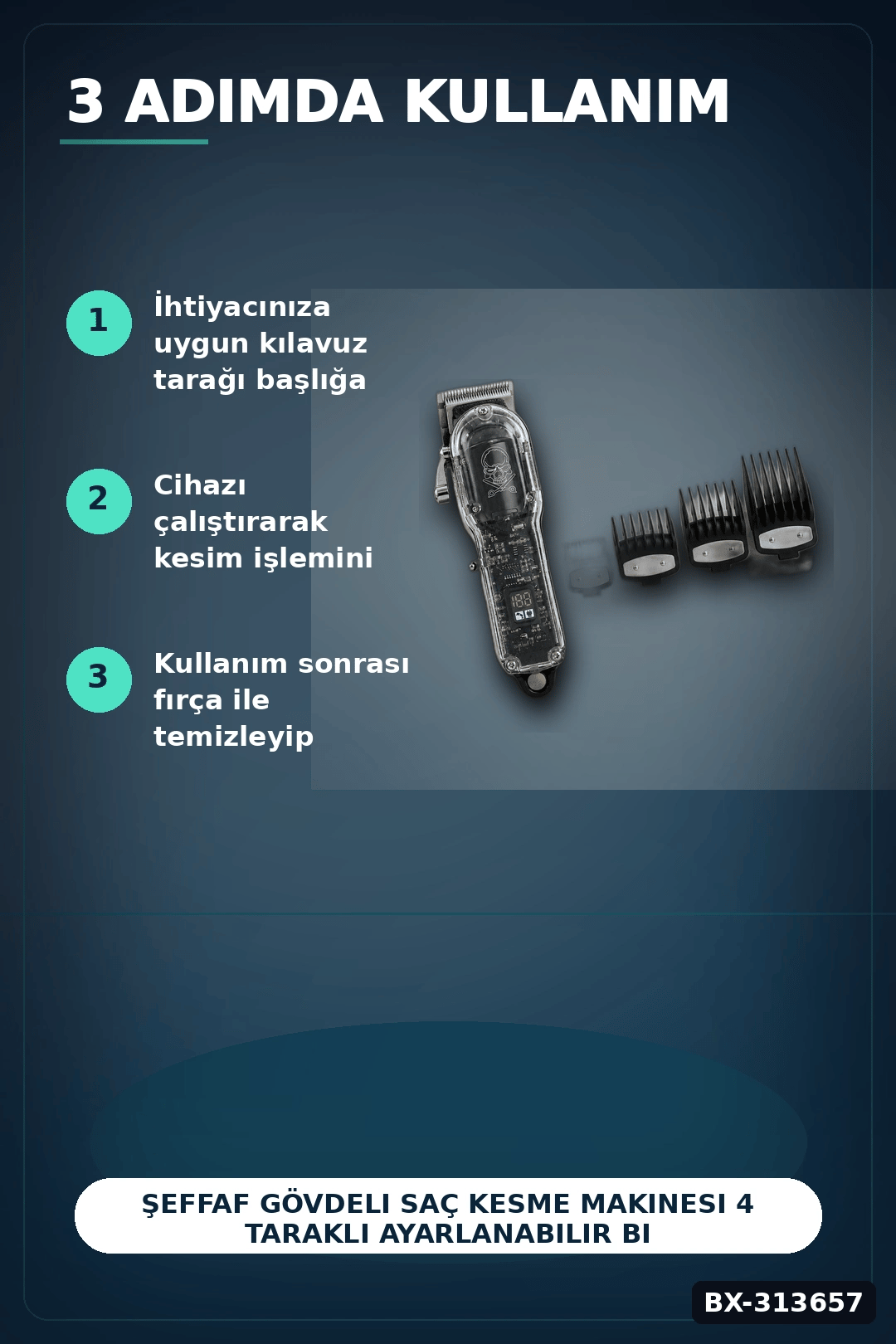 Şeffaf Gövdeli Saç Kesme Makinesi 4 Taraklı Ayarlanabilir Bıçak LCD Ekranlı Şarjlı BX-313657