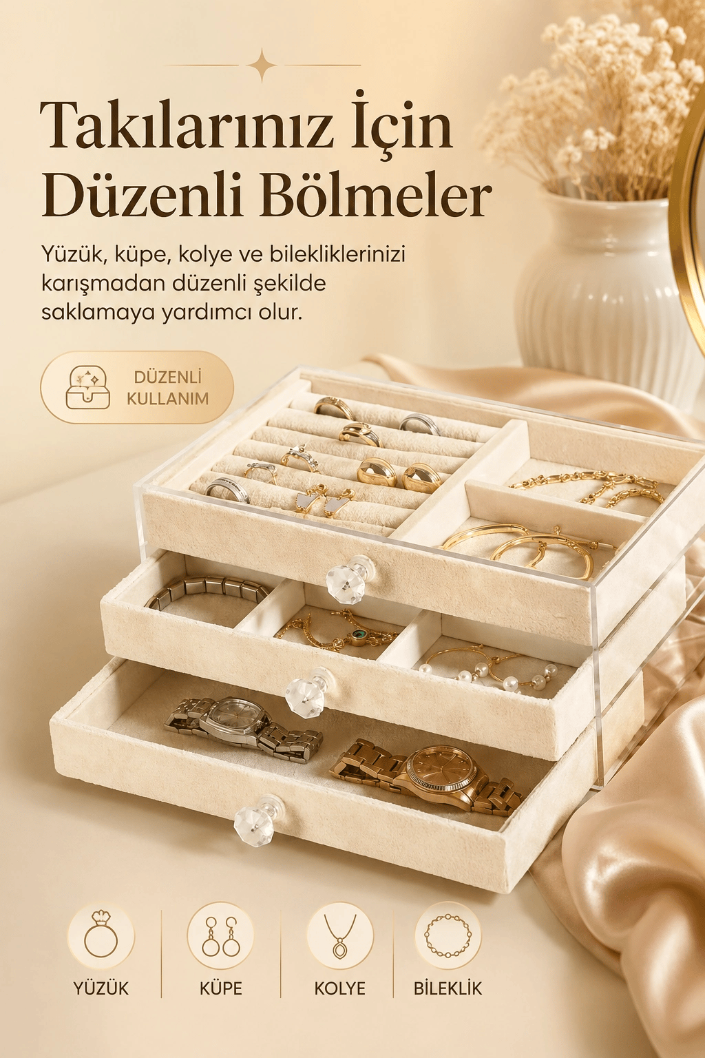 Şeffaf Kapaklı Kadife Takı Kutusu Çekmeceli Yüzük Kolye Saat Organizeri