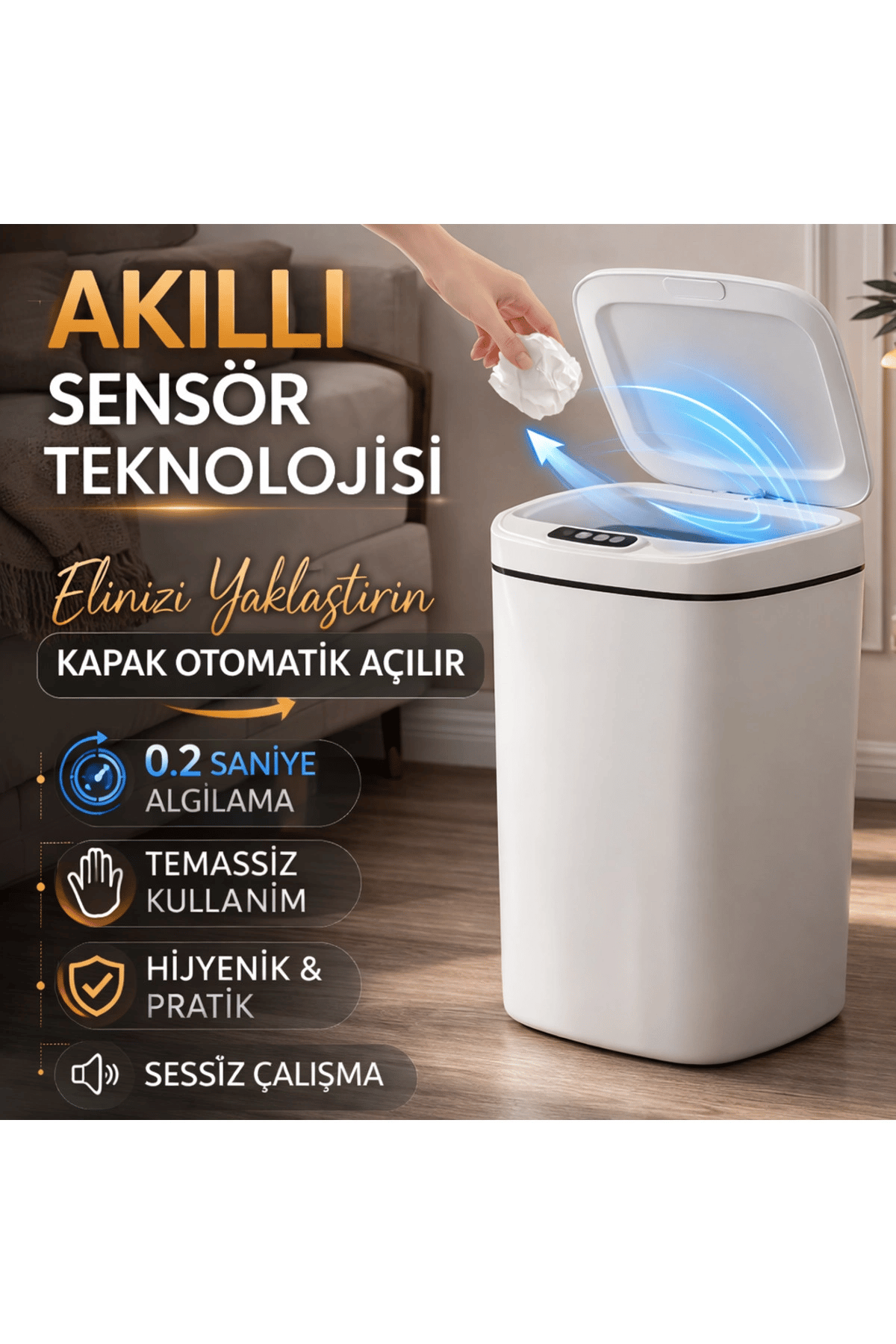 Sensörlü Çöp Kovası Otomatik Kapak Temassız