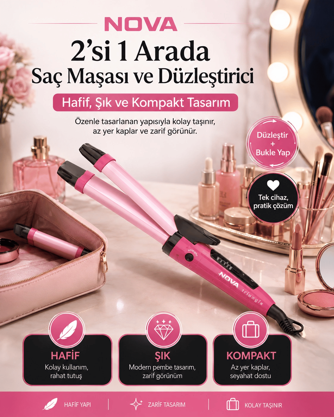 Seramik Kaplamalı Saç Düzleştirici ve Bukle Maşası 2’si 1 Arada Şekillendirici