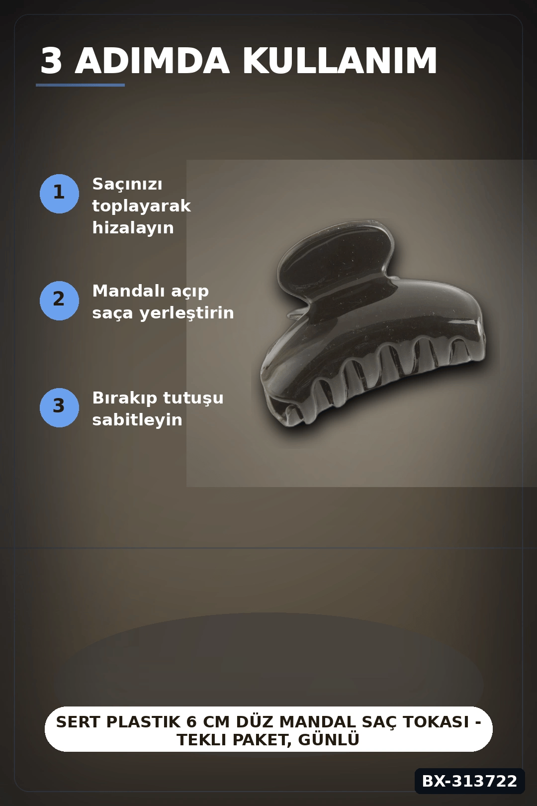 Sert Plastik 6 cm Düz Mandal Saç Tokası - Tekli Paket, Günlük Kullanım BX-313722