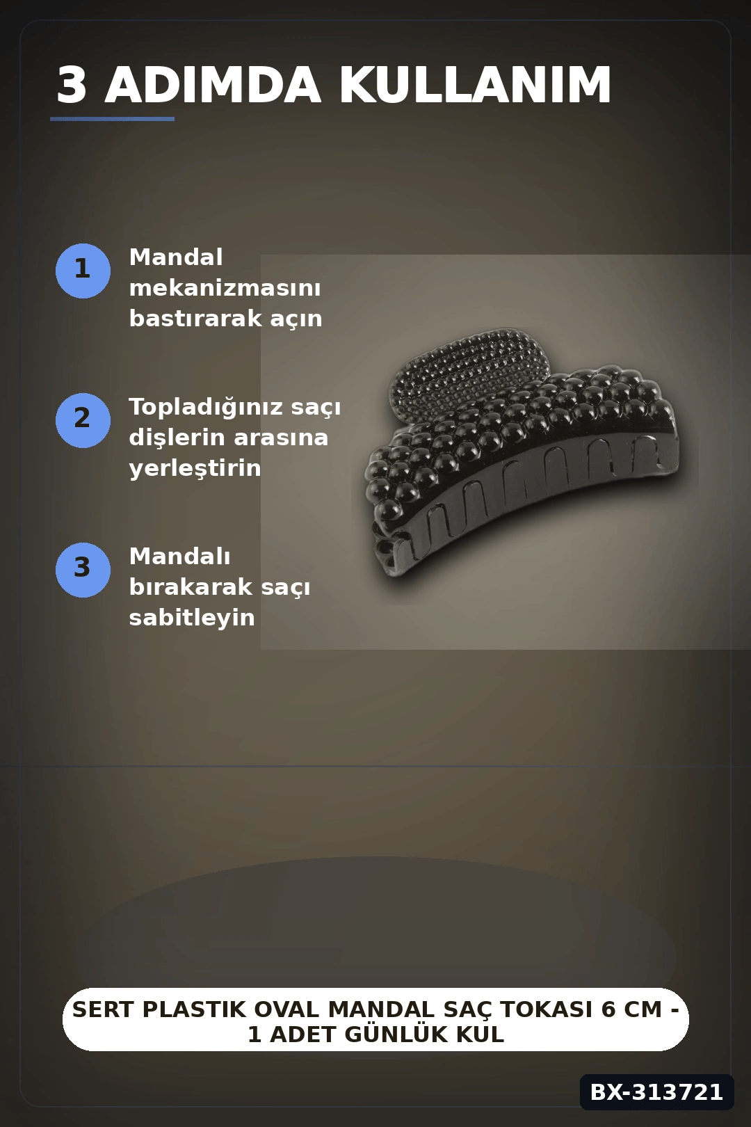 Sert Plastik Oval Mandal Saç Tokası 6 Cm - 1 Adet Günlük Kullanım İçin BX-313721