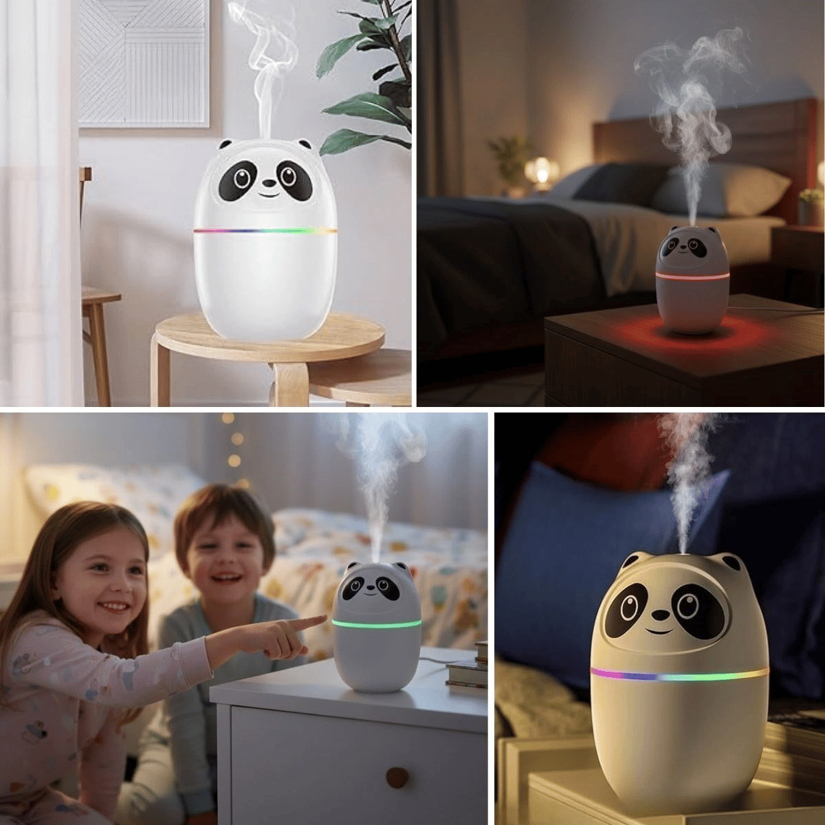 Sevimli Panda Figürlü Hava Nemlendirici – Ultrasonik Soğuk Buhar Makinesi, LED Işıklı Masaüstü Oda Nemlendirici