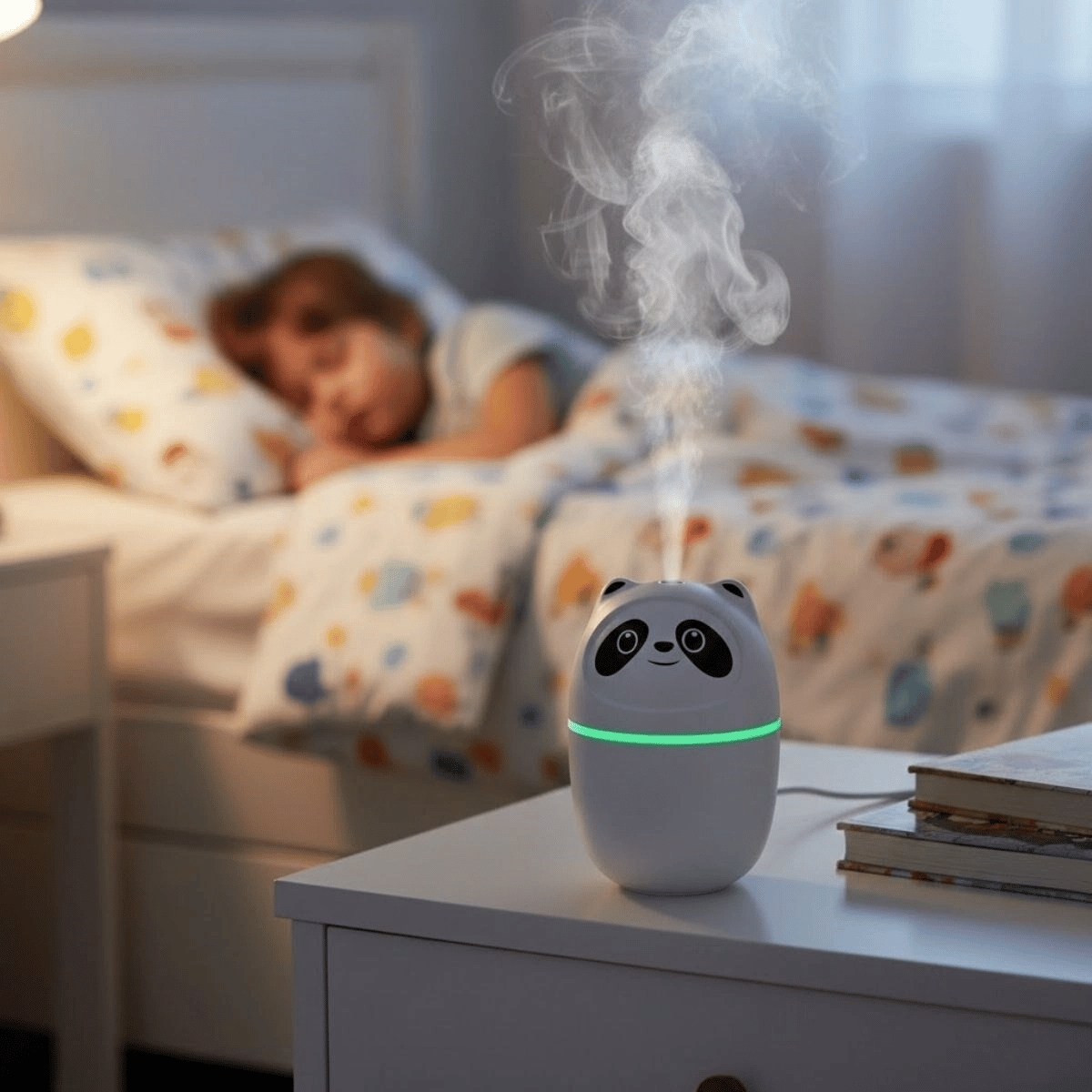 Sevimli Panda Figürlü Hava Nemlendirici – Ultrasonik Soğuk Buhar Makinesi, LED Işıklı Masaüstü Oda Nemlendirici