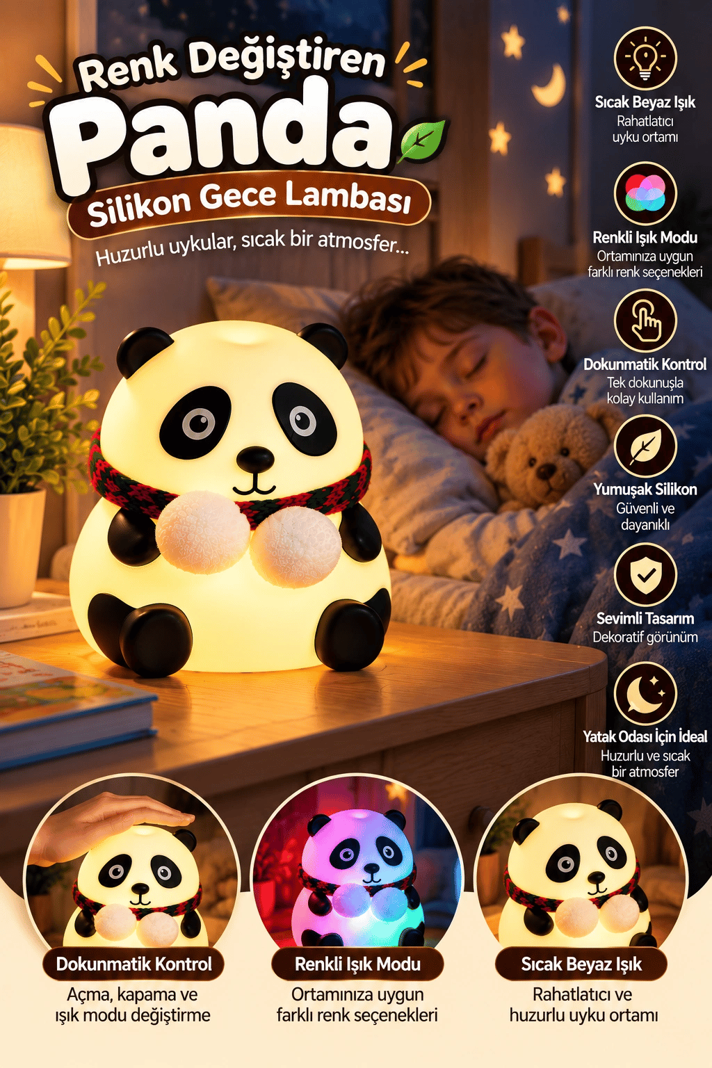 Sevimli Panda Silikon Gece Lambası Renkli Işık Modu Dokunmatik Kontrollü Aydınlatma