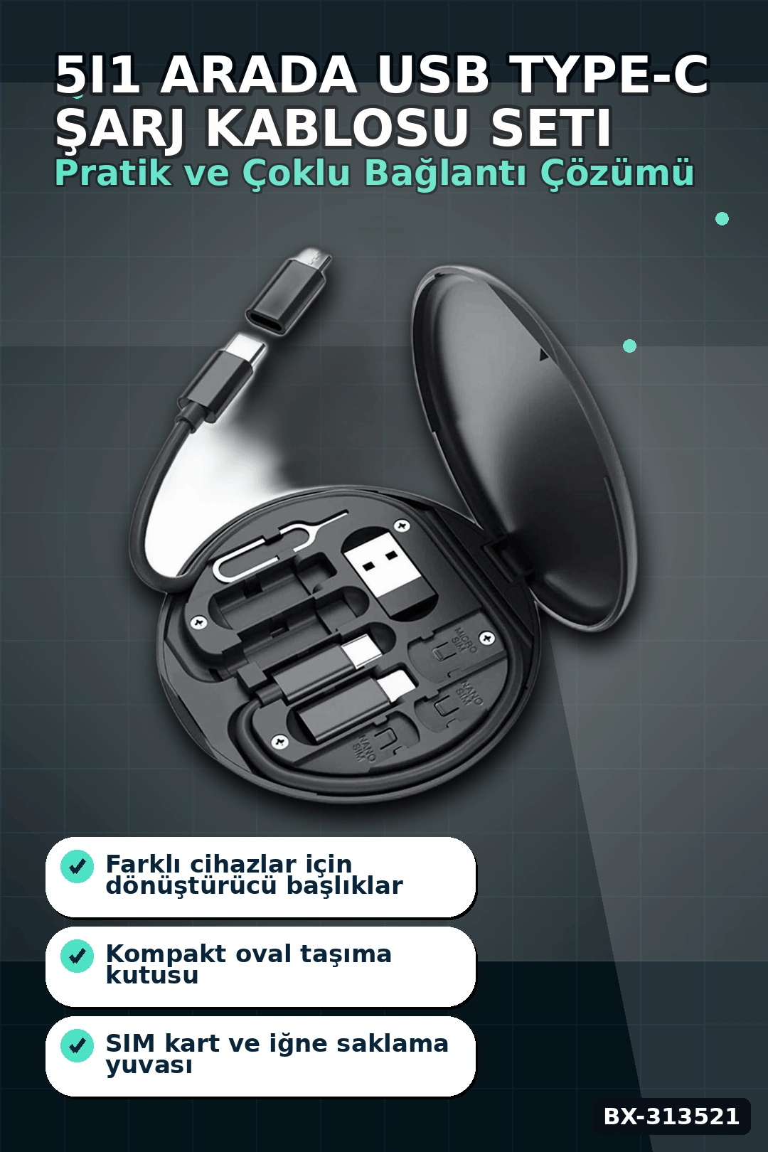 Seyahat Icin 5i1 Arada USB Type-C Sarj Kablosu Seti 60W Destekli Kutulu BX-313521