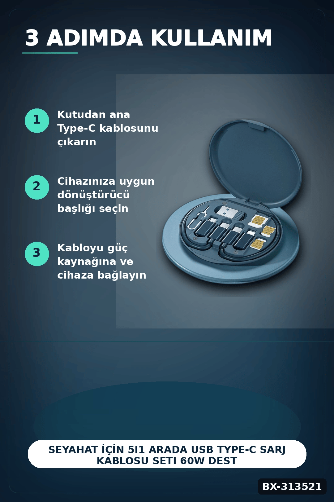 Seyahat Icin 5i1 Arada USB Type-C Sarj Kablosu Seti 60W Destekli Kutulu BX-313521