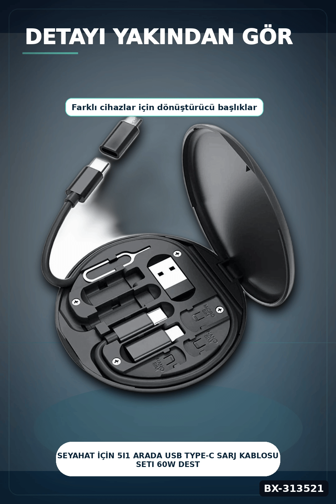 Seyahat Icin 5i1 Arada USB Type-C Sarj Kablosu Seti 60W Destekli Kutulu BX-313521