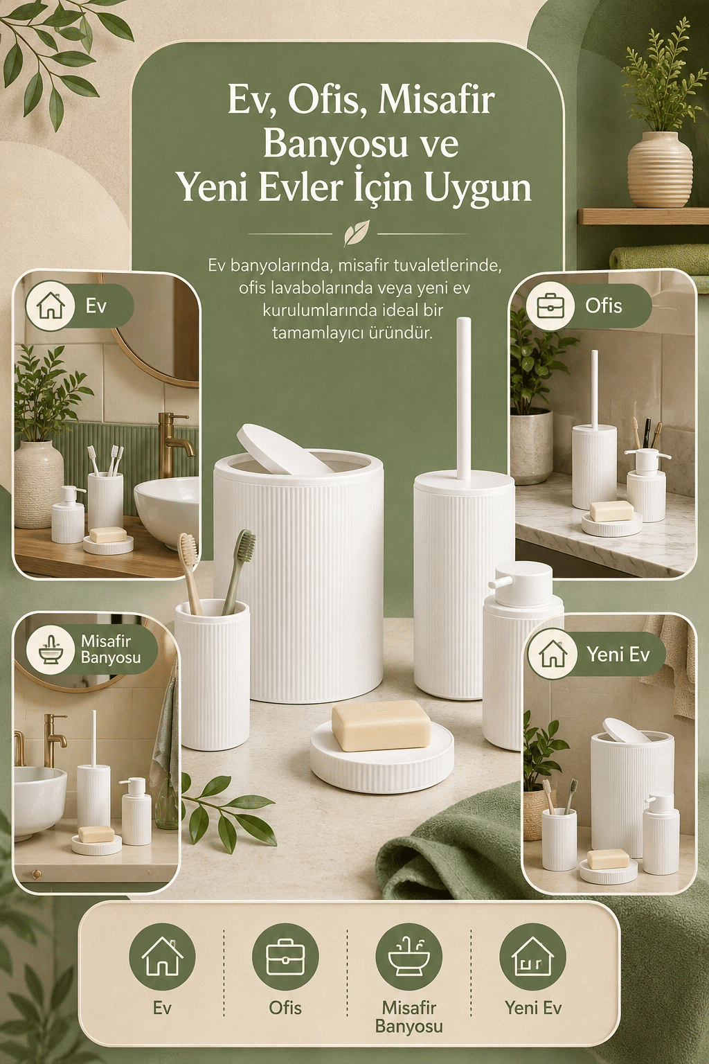 Şık Görünümlü Beyaz Banyo Aksesuar Takımı 5 Parça Günlük Kullanıma Uygun Set