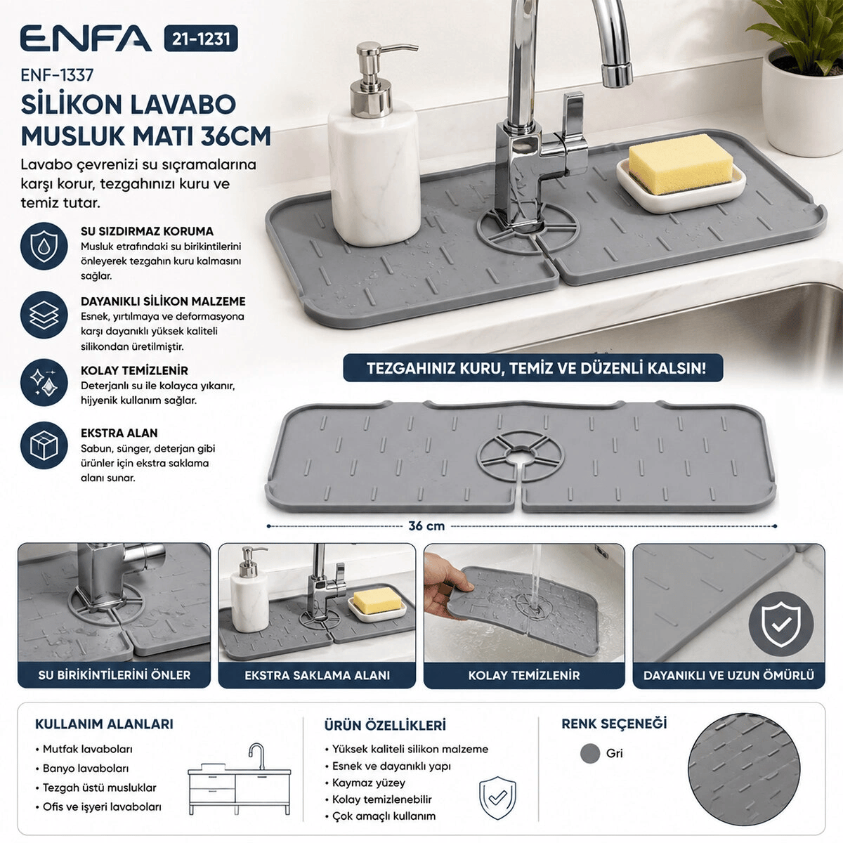 Silikon Lavabo Musluk Matı 36cm Bx40