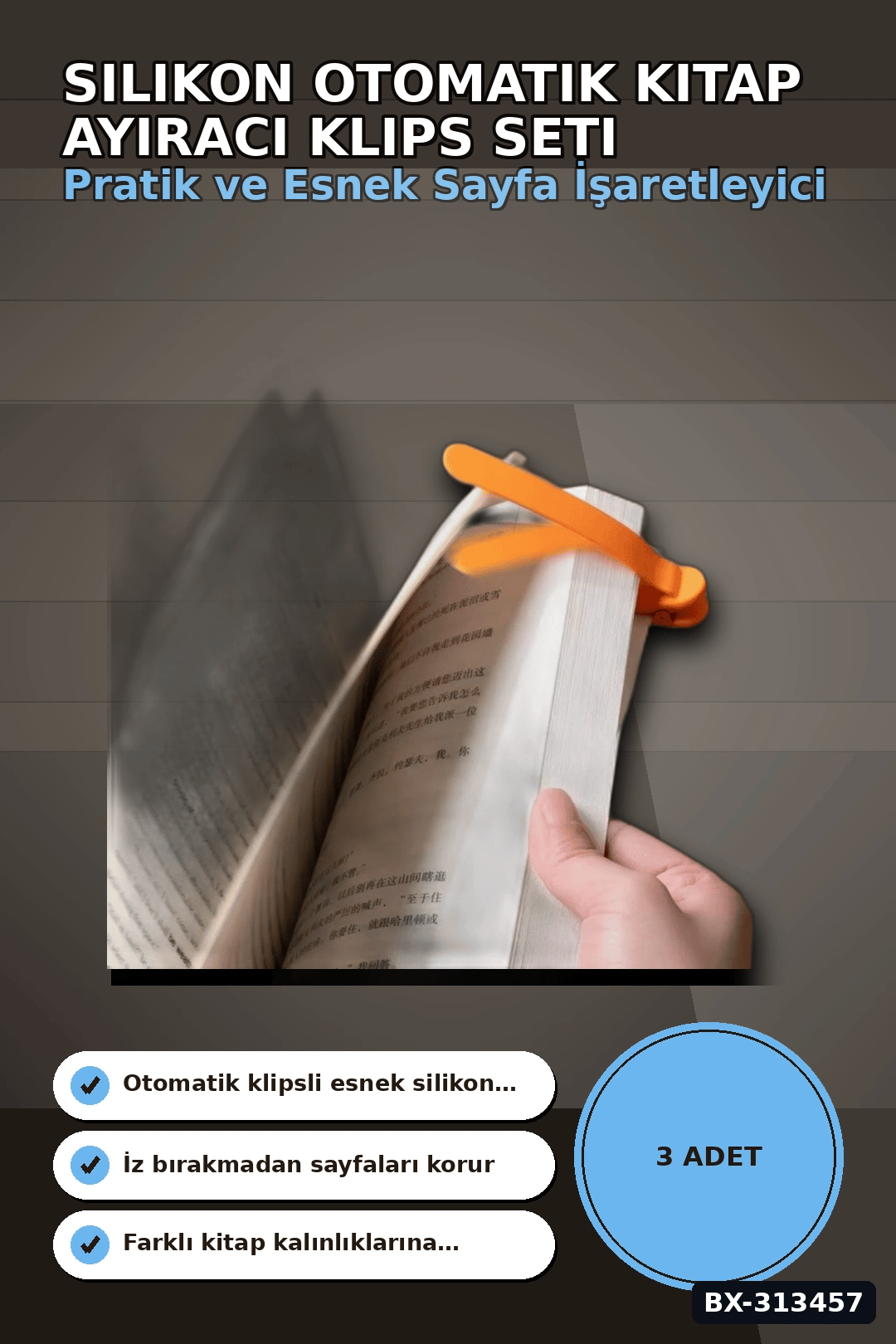 Silikon Otomatik Kitap Ayıracı 3 Adet Klips Seti - Akıllı Yer İmi Okuma Aksesuarı BX-313457