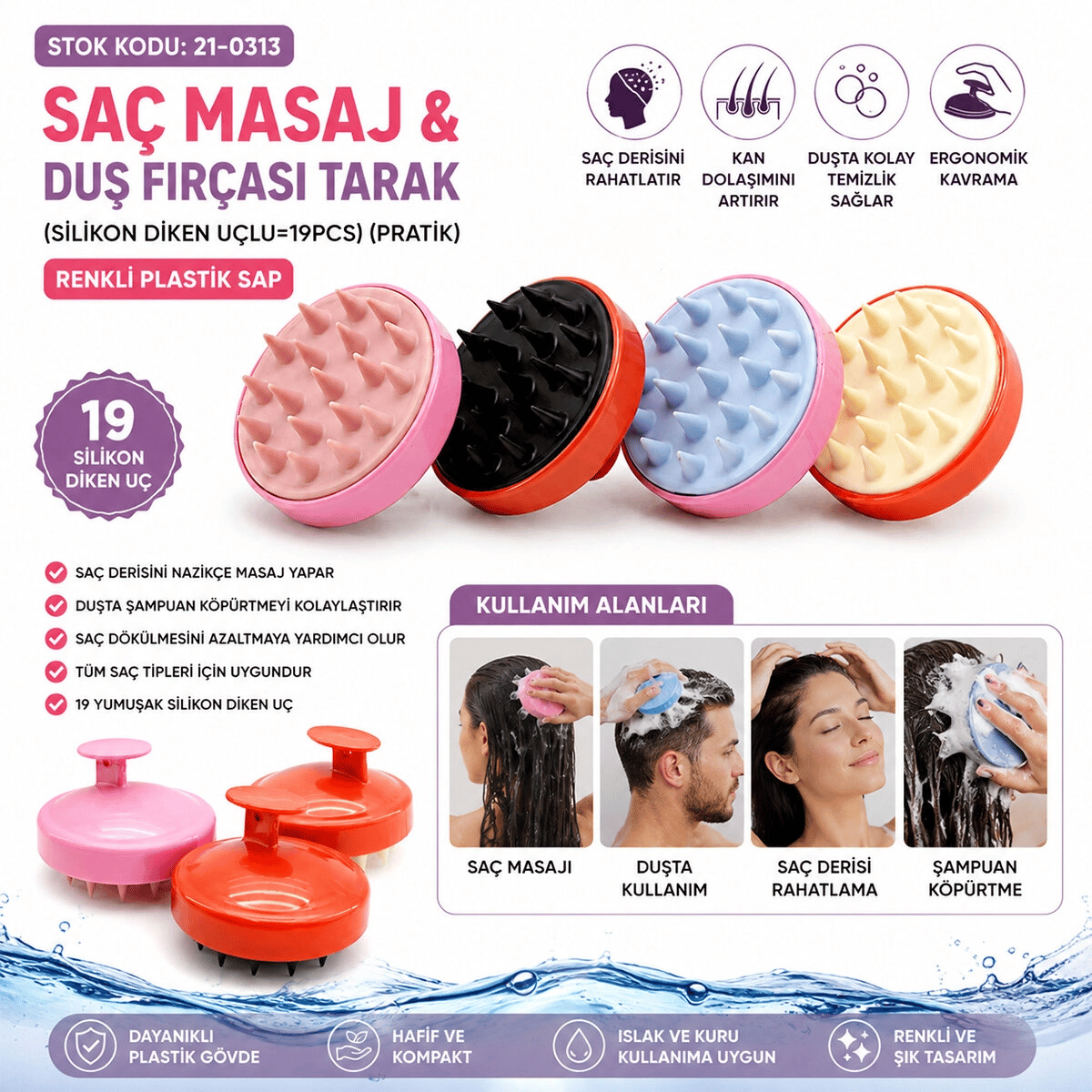 Silikon Uçlu Pratik Saç Masaj - Duş Fırçası Bx40